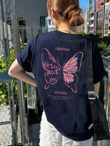 新款春夏海军蓝和粉色撞色蝴蝶字母印花休闲日常宽松舒适女短袖T恤