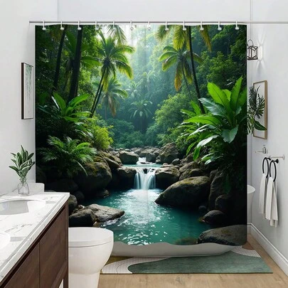 1pc Tropical Waterfall Shower Curtain, Featuring A Cascading Waterfall Flowing Over Moss-Covered Rocks, Surrounded By Palm Trees And Greenery, Creating A Jungle Bathroom Decor Ambiance. Waterproof And Mildew-Resistant, Machine Washable, Made Of Polyester, Non-Opaque, Lightweight And Breathable. Color May Vary Slightly Due To Lighting Conditions. Includes 12 Hooks - Artistic Bathroom Decor.