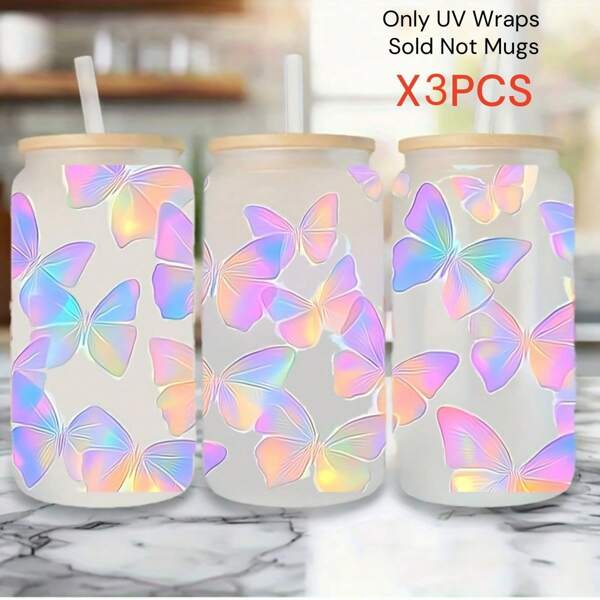 3 Stück bunte Schmetterlingsmuster Design UV DTF Tassen Umwicklungen Abziehbilder Transferdruck wasserdicht selbstklebende Aufkleber für Tasse Wasserflasche, DTF Transferaufkleber für 16 Unzen Glasverpackung, 3D Kristallaufkleber wasserdicht und kratzfest, DIY Umwicklungsübertragungsaufkleber Mode Frauen Aufkleber DIY Handwerke-Hohe Qualität (11x24cm) 4,3inx9,4in