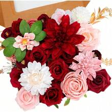 Artificial Flowers Combo, Champagne Silk Roses, Peonies, Dahlias With Stems For DIY Wedding Bouquets, Baby Shower, Table Centerpieces, Home Decor, Fake Floral Arrangements, Party Decorations - 深粉紅色 - 查看 1