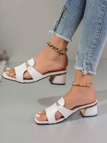 Women's Fashionable Chain Decor High Heel Sandals, Versatile Summer Slippers