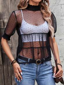 Blusa Malla Tul dama mujer Transparente Negra Textura Lunares Volantes casual elegante dulce coqueta dark - Negro - Ver 1