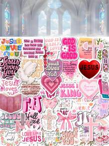 50pcs Pink Bible Verse Cartoon Stickers, DIY Journal, Decoration For Phone, Tablet