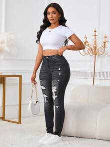 25秋冬女装性感高腰牛仔裤女式破洞紧身弹力破洞牛仔裤高腰提臀牛仔裤