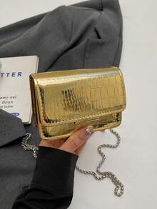 Glossy Mini Lipstick Shape Bag For Women, Spring/Summer New Crocodile Pattern Fashionable Chain Shoulder Bag, Solid Color Casual Crossbody Handbag - Gold - View 9