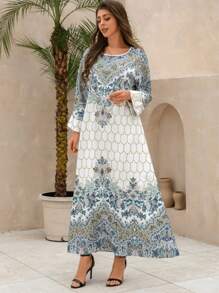 Middle Eastern Dress Abaya New Muslim Dress Retro Print Dress Slim Fit Round Neck Robe