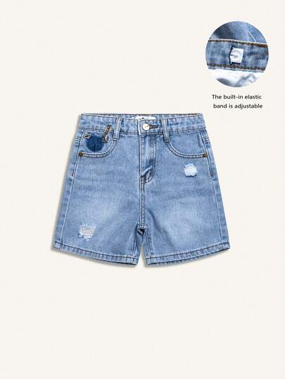 时尚男童破洞可调节腰部猫须水洗牛仔短裤