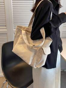 Bolsa de ombro grande com vários bolsos, cor lisa, moderna, minimalista, casual, para viagem, escola, compras