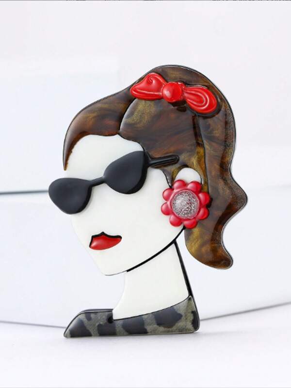 1pc Unique Retro Acrylic Girl With Sunglasses Brooch Pin - Cartoon Character Badge With Glasses - Elegant Vintage Clothing Accessory, Suitable For Clothes, Jackets, Bags, Fun Design, Exquisite Details School Office Accessories Shirts Jewelry Christmas Halloween