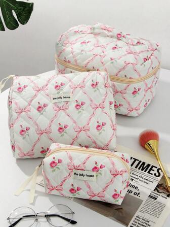 1PC/Set Pink Bow Knot & Rose Design Large Capacity Quilted Makeup Bag For Women And Girls, Cute Floral Cosmetic Bag, Fashionable Portable Makeup Bag, Aesthetic Travel Organized Toiletry Bags For Lipstick, Sanitary Napkin, Coins, Keys Etc, Multi-Functional Storage Bag For For Travel, Mother's Day Gift Back To School School Bag
