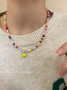 Collana con ciondolo a faccia sorridente in perline, collana da uomo minimalista e colorata, collana stile retrò elegante