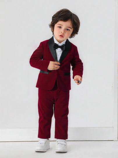 BOARNSEORL Young Boys Velvet Gentleman Suit, Burgundy Blazer With Bow Tie And Pants, Fashiontic, Suitable For Birthday, Christmas Party, New Year's Eve, Full Moon, First Birthday, Wedding Ceremony