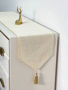 1pc Simple Solid Color Faux Linen Digital Printed Table Runner, Beige Double Layer Tassel Fringe Dining Table Decor Cloth, Kitchen Supplies Dining Room Tablecloth, Bar Cafe Triangular Table Runner, Daily Home Dining Table Center Long Cloth, Holiday Party Banquet Table Runner, 30*180cm 30*200cm - Brown - View 14