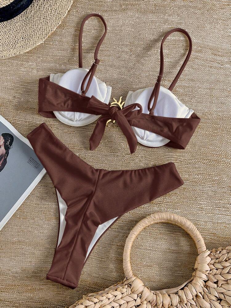 Bikinx Conjunto de Maiô Bikini Feminino Sólido com Joia Metálica Sexy para Praia e Verão - Café - Visão 2