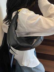 1 件女士黑色 PU 皮革复古拼接金属手柄椭圆形新月形单肩包 - 黑色 - 查看 5