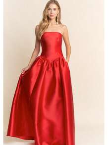 VESTIDO HERMOSO DE HOMBROS DESCUBIERTO TALLE ALTO PERFECTA COMBINACION DE SENCILLEZ Y ELEGANCIA , - Rojo - Ver 1