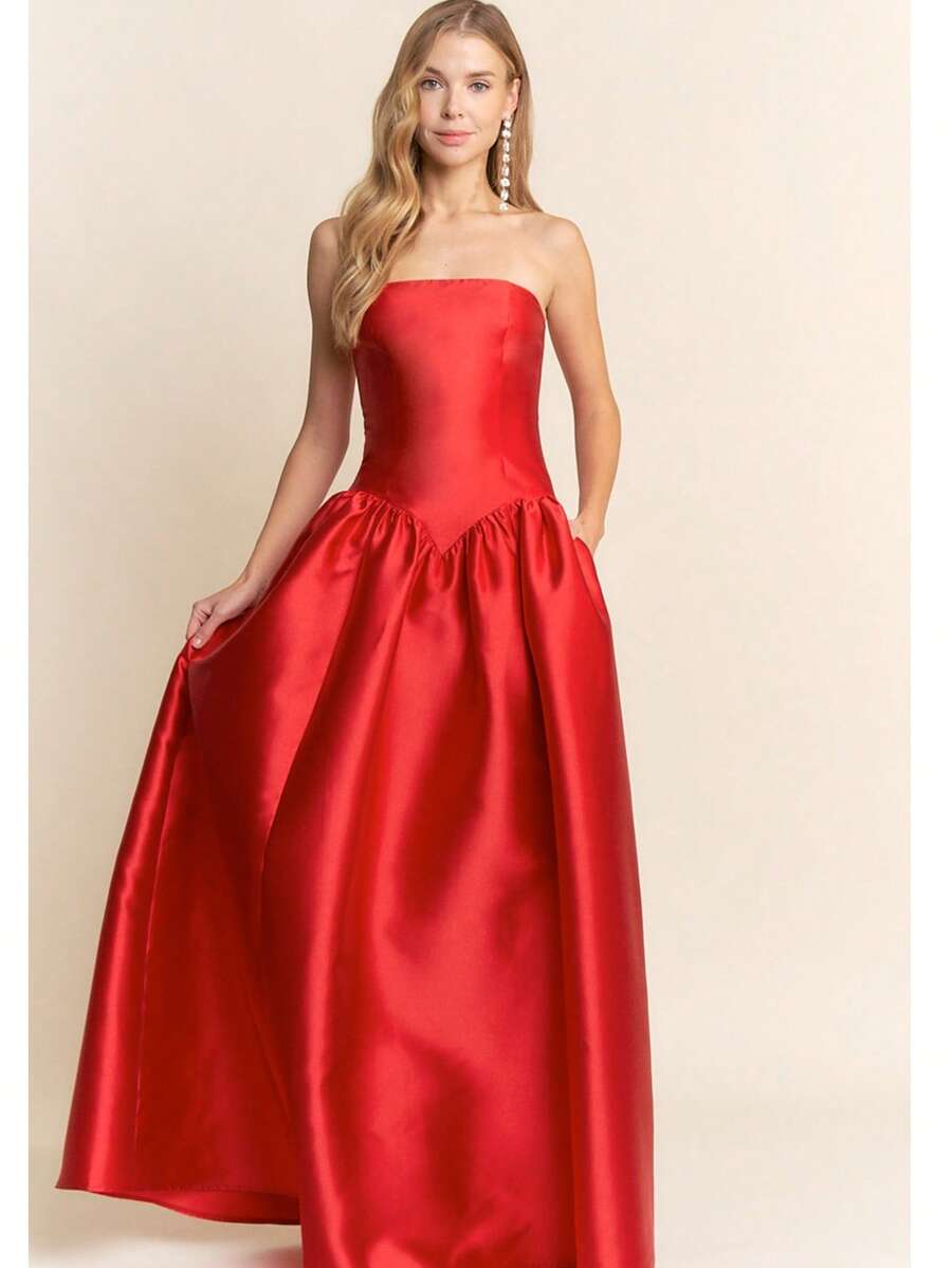 VESTIDO HERMOSO DE HOMBROS DESCUBIERTO TALLE ALTO PERFECTA COMBINACION DE SENCILLEZ Y ELEGANCIA , - Rojo - Ver 1