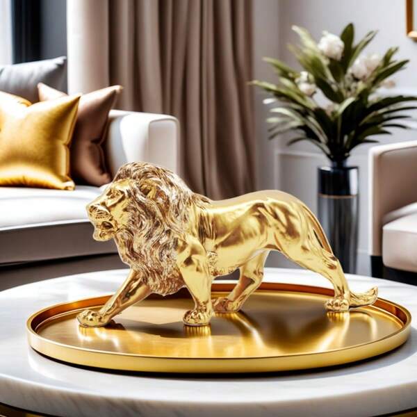 Escultura elegante de leão dourado em resina - estilo vintage, ricamente detalhada, perfeita para símbolo de sucesso e decoração de casa, ideal para escritório, quarto e bar
