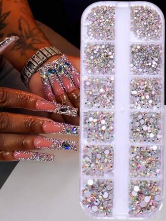 12 Grid Nail Rhinestones 1.5mm-5mm 3D Nail Art Glass Crystal Clear Nail Stones Gems Pearl Crystal Strass 3D Charm Gems Nail Multi-Shape 3D Nail Diamonds For Nail Art And DIY Decoration 1 Boxes Nail Art Rhinestones Flatback Rhinestones Pearls Nail Charms For Acrylic Nails Crystals Nail Art Supplies Half Round Design Nail Gems