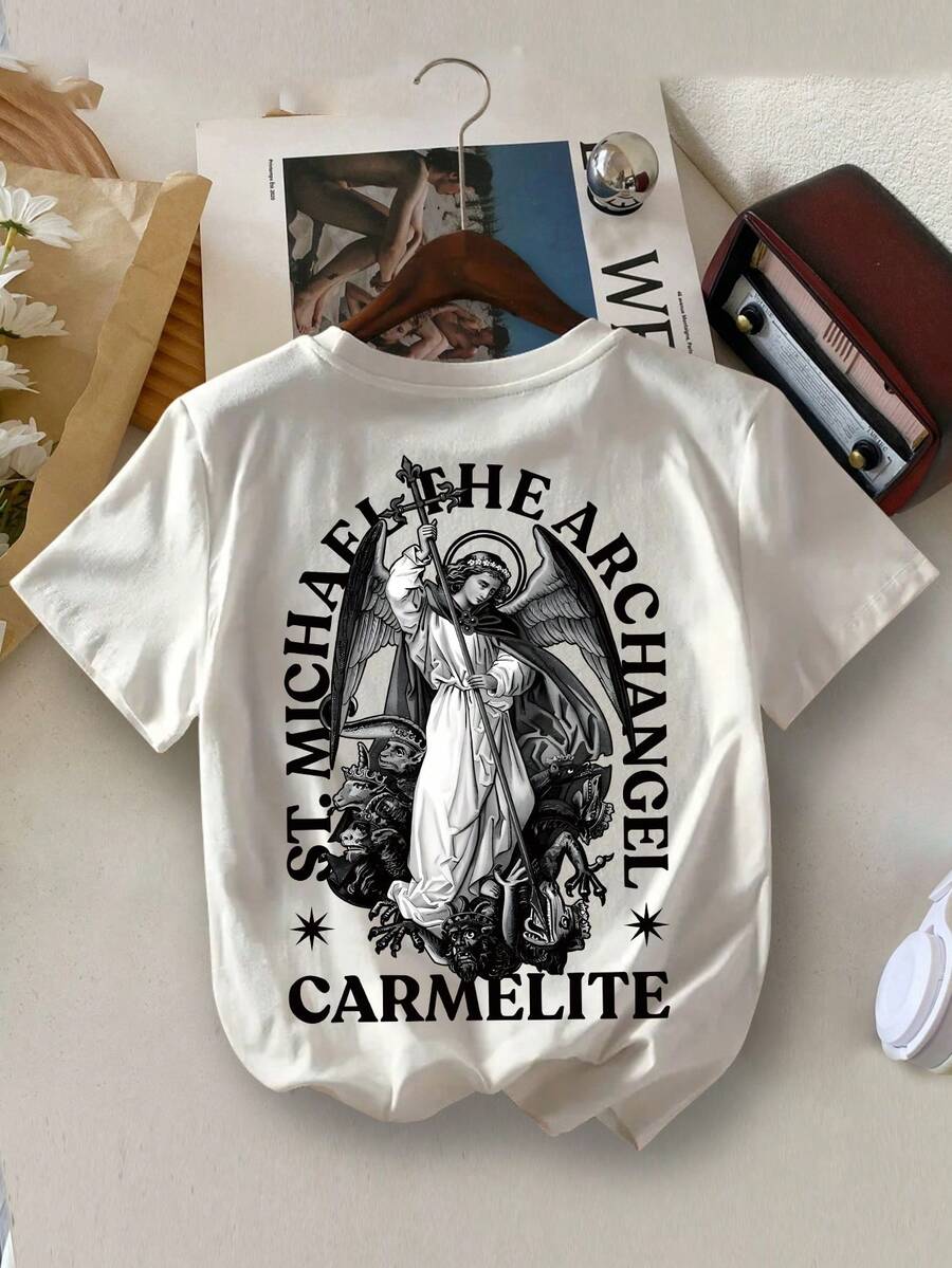 男童休闲年轻男孩女神雕像字母印花圆领夏季T恤 - 白色 - 查看 1