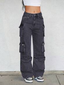 Y2K Streetwear Multi-Pocket Zipper Decor Wide Leg Jeans, Large Pockets Design, Casual Cargo Washed Denim Pants - Smoke Black - View 4