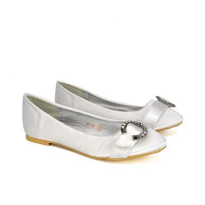 XY LONDON Ferne Women's Ballerina Bridal Pump Shoes, Plain, ,Satin, Diamante Gemstone, Front Buckle, Round Toe, Black, Ivory, White, Silver, Wedding , Autumn/Winter