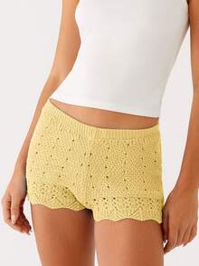 Women Knit Shorts, Elastic Waist Hollowed Solid Slim Fit Summer Shorts Casual Shorts - Màu vàng - Xem 5