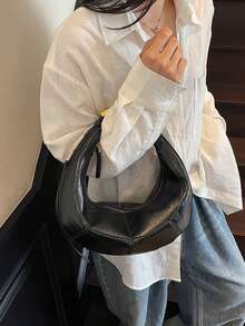 1 件女士黑色 PU 皮革复古拼接金属手柄椭圆形新月形单肩包 - 黑色 - 查看 4