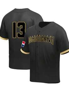 Men'S Dominican #13 Black Baseball Jersey, 100% Polyester V-Neck Knit Fabric T-Shirt, Embroidered Letter & Number Design, Short Sleeve, Loose Fit For Sports, Party, Casual Wear - Universal Adult Sports Top - Black - View 1