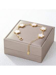 1pc Colorful Shell Inlaid Clover Charm Flower Chain Bracelet, Fashionable & Elegant For Women & Girls