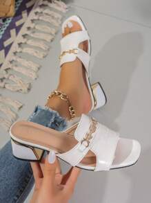 Women's Fashionable Chain Decor High Heel Sandals, Versatile Summer Slippers