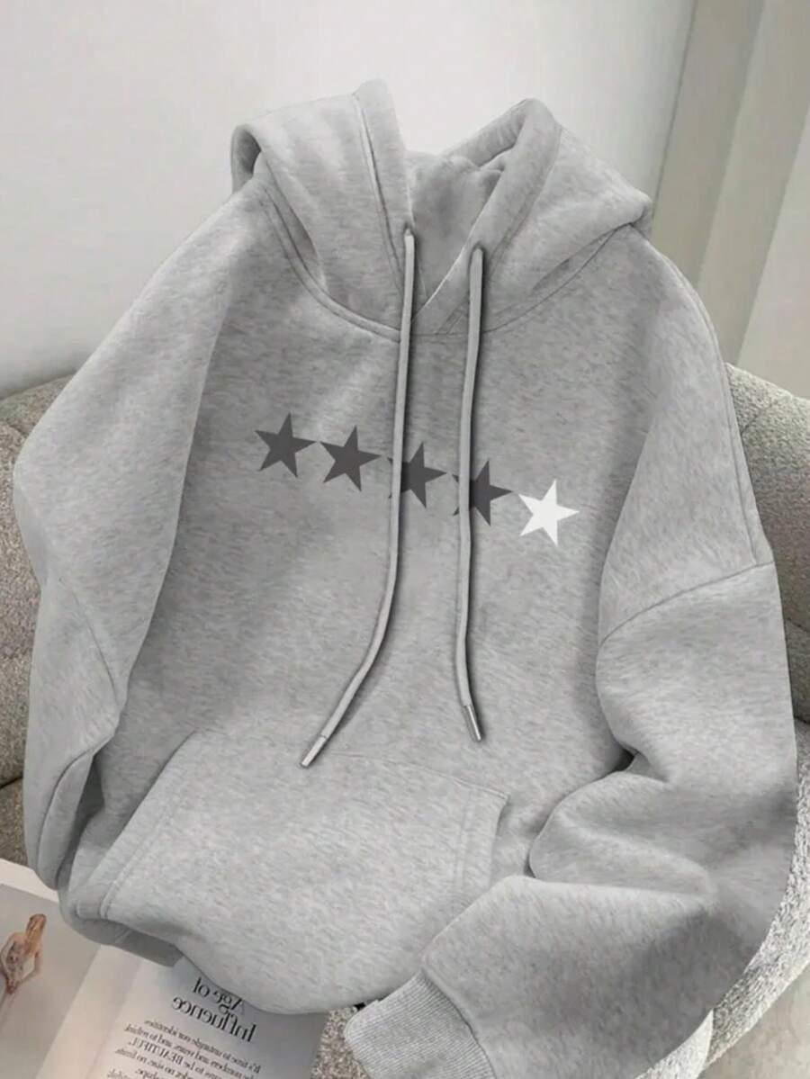 Unisex Men's Star Sweatshirt, Comfortable Flannel Sweatshirt With Adjustable Hood And Pocket - Grey - View 1