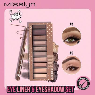 Misslyn Eyeshadow & Eyeliner Set, Waterproof, Volumizing, Buildable, Creates Full & Dense Brow Makeup, Matte & Shimmer Shades, Long-Lasting, Fine Powder Texture Easy To Blend, Natural Colors, Rich Creamy Texture, Includes Eyeshadow Brush, Valentine's Day Gift, Vegan, Cruelty-Free