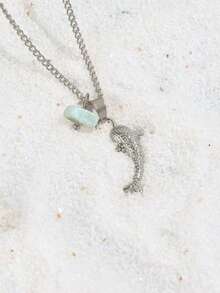 1pc Popular Women Fashionable Beach & Ocean Theme Personality Shark Natural Stone Pendant Necklace, Ideal Gift For Wedding, Engagement Party, Halloween - 銀色 - 查看 3