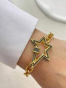 STYLEVER 1 PC Gold Five Pointed Starburst Bracelet, Set With Diamonds, Stainless Steel Chain, Suitable For Holiday Gifts, Exquisite Matching - Yellow Gold - View 4