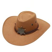 1pc Unisex Retro Western Cowboy Hat, Bronze Hexagon Star Decor, Soft Hat, Outdoor Party Hat, Suitable For Outdoor Riding, Travel, Photography, Sun Protection, Spring/Summer - Vintage Star Cowboy Hat - View 3