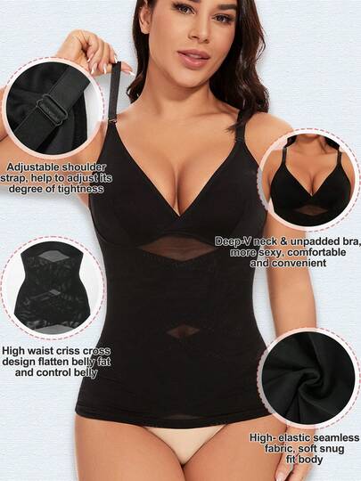 Women's Sheer Cami Shaper Bra Top With Tummy Control & Waist Cincher V-Neck Camisole Cami Vest Abdomen Compression Tank Top Body Shaper Ladies Underwear Undershirts Shaping Tops