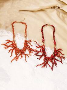 1 pieza Collar de coral multicapa de cristal acrílico tejido a mano, estilo bohemio apto para uso diario, boda, Eid, vacaciones de primavera/verano, regalo - vistoso - Ver 8