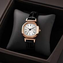 Fashionable & Elegant Women's Watch With Slim Wrist Fit, PU Leather Strap, Octagonal Case, Roman Numerals Dial, Bamboo Pattern Strap, Quartz Movement Ladies Wristwatch