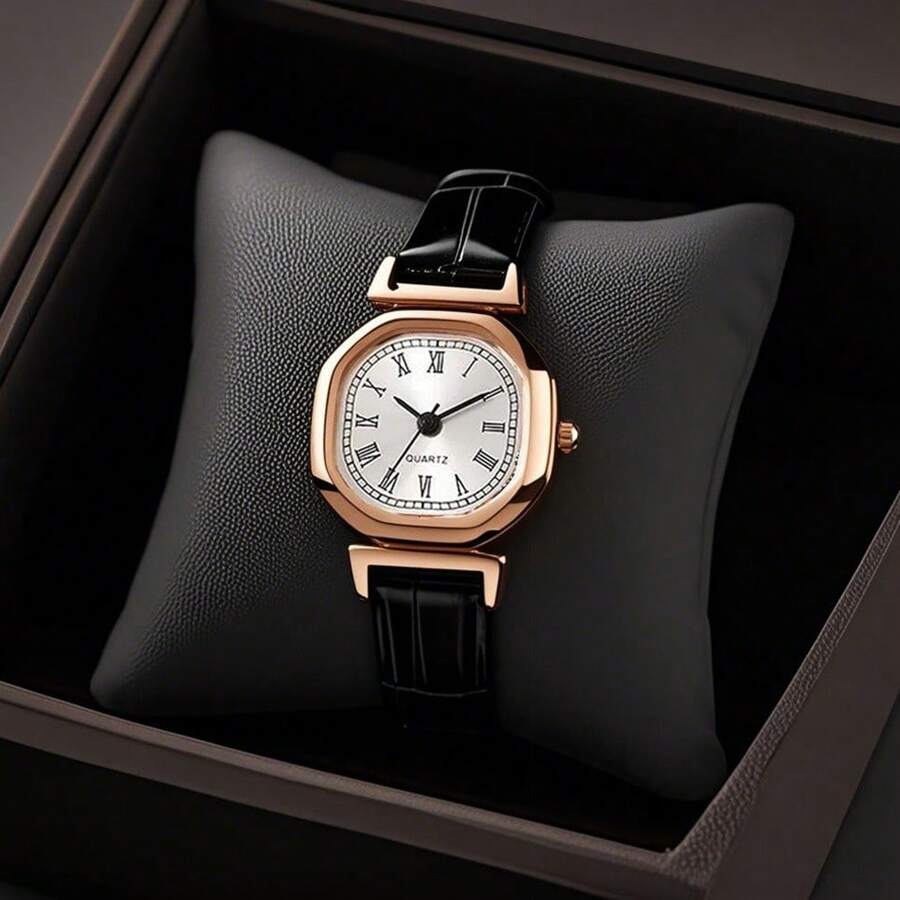 Fashionable & Elegant Women's Watch With Slim Wrist Fit, PU Leather Strap, Octagonal Case, Roman Numerals Dial, Bamboo Pattern Strap, Quartz Movement Ladies Wristwatch