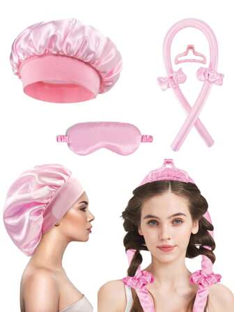 Set de 6 piezas de herramientas para el peinado, que incluye 1 rizador de cabello sin calor, 1 gorro de dormir de satén, banda para el cabello sin calor, pinzas para el cabello, set de rizado de seda sin calor, rizador de noche, antifaz para dormir suave, rodillos para el cabello, rizado sin calor, rizador de cabello, productos y accesorios de peluquería, artículos de viaje esenciales para la belleza.