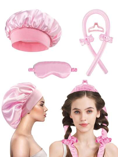 Set de 6 piezas de herramientas para peinado, que incluye 1 rizador de cabello sin calor, 1 gorro de satén para dormir, diadema sin calor, pinzas para el cabello, set de rizado de seda sin calor, rizador para dormir, antifaz suave para dormir, rodillos para el cabello, rizos sin calor, rizador de cabello, productos y accesorios para el cabello para barbería, salón de belleza y artículos esenciales de viaje