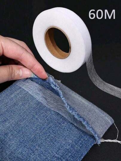 1/2 卷 60 米熨烫式卷边胶带、双面粘合衬、热熔织物粘合网、不含用于服装的无纺布热熔胶布、薄胶网膜底部卷边胶带、非常适合粘合和工艺项目、无纺布装饰带、白色双面 DIY 胶带（用于缝纫用品）