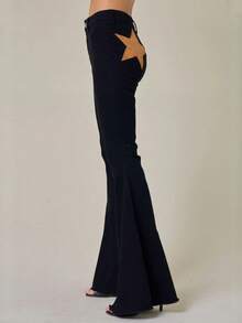 Women Back Stars High Waisted Flared Jeans Summer Y2k Star Pattern Raw Hem Slim Fit Bell Bottomed Denim Pants Vintage Jean Streetwear 4th Of July Outfits Independence Day Clothes - 黑色 - 查看 2