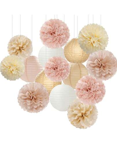Champagne-Gold White Party-Decorations Paper-Flowers Lanterns - 15PCS Boho Fall Rustic Tissue Pom Poms ,Wedding Bridal Shower Neutral Autumn Birthday Hanging Supplies Decor