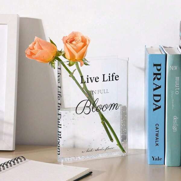1 pieza Jarrón con forma de libro de acrílico para flores, regalo para amantes de los libros, decoración estética para habitación, decoración de mesa, centros de mesa, lindos jarrones para flores y artículo imprescindible para hogar, estantería, dormitorio, sala de estar y oficina, decoración para mujeres y regalo para maestros - como regalo de San Valentín, boda, Día de la Madre (Transparente)