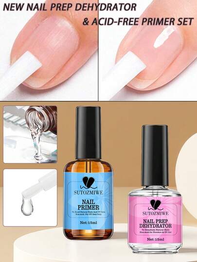 2PCS Natural Nail Prep Dehydrated And Bond Primer Không chứa axit, 15ml Dehydrator For Acrylic And Gel Nail Polish, Vật tư làm móng Acrylic không chứa Hema, Lớp lót không chứa axit cho Gel UV Nhanh khô Superior Bonding Agent Hộp quà tặng