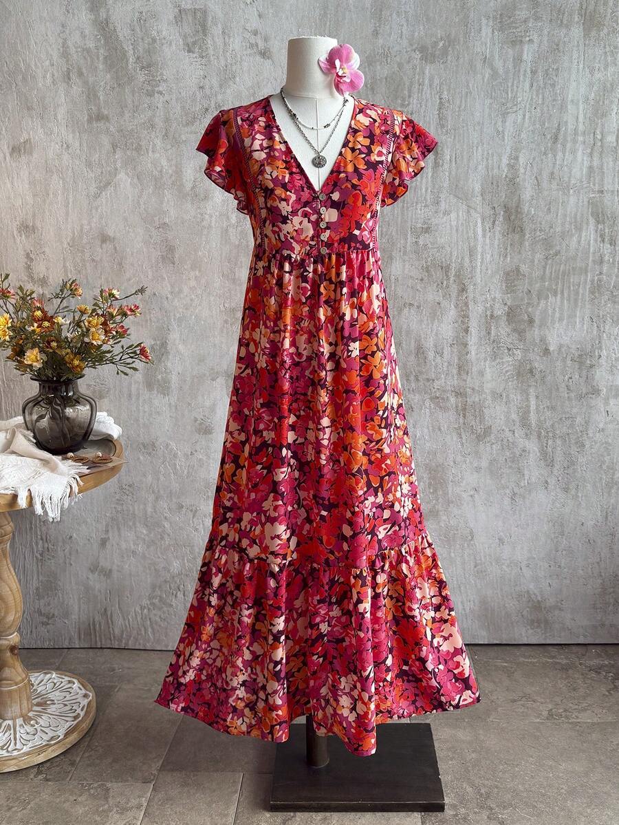 Rusttydustty Rochie maxi florală de vară, rochie lungă de vacanță, rochie boho florală, rochie ... lungă cu imprimeu floral și guler în V, rochie rochie de vacanță, rochie lungă de vacanță - roșu - Vizualizare 1