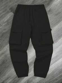 Calça cargo masculina casual com vários bolsos e cordão no tornozelo para atividades ao ar livre - Preto - Ver 4