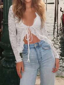 Women Sheer Tops, Long Sleeve Tie-Up See-Through Summer Lace Tops Clubwear For Party - White - View 3